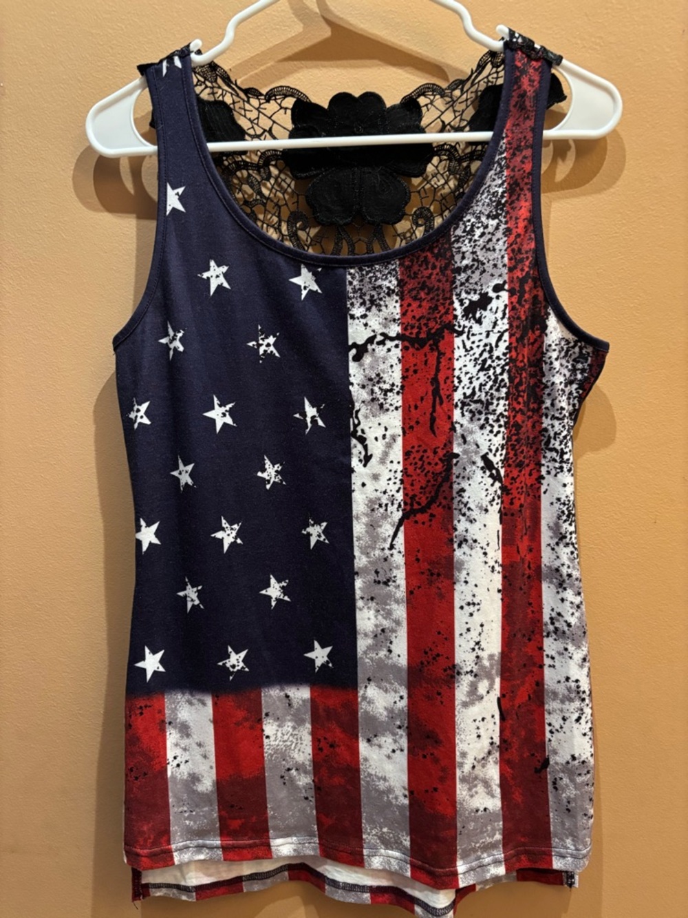 American flag patriotic print tank top a lace cutout back design Size Medium - Picture 3 of 7